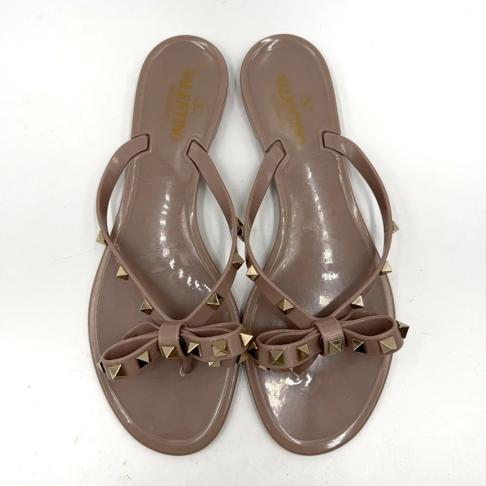 Valentino Rockstud Jelly Sandals Tan Bow Thong Flat Slide Womens Sz 41 / 11 US